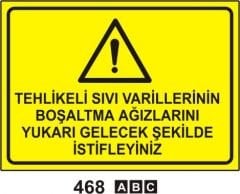 Tehlikeli Sıvı Varillerinin Boşaltma Ağızlarını Yukarı Gelecek Şekilde İstifleyiniz Levhası