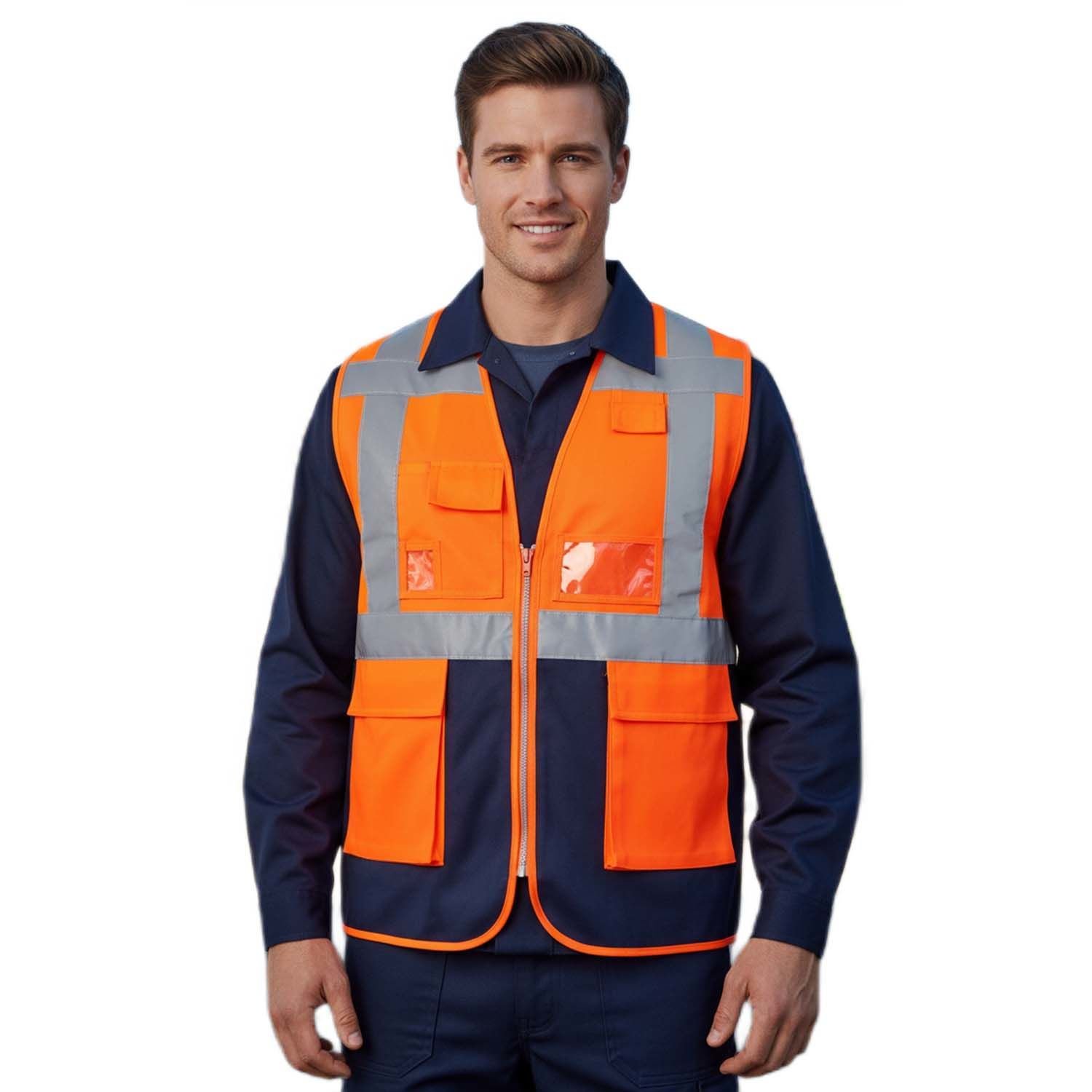 Reflektörlü Mühendis Yeleği Çift Renkli Turuncu Lacivert