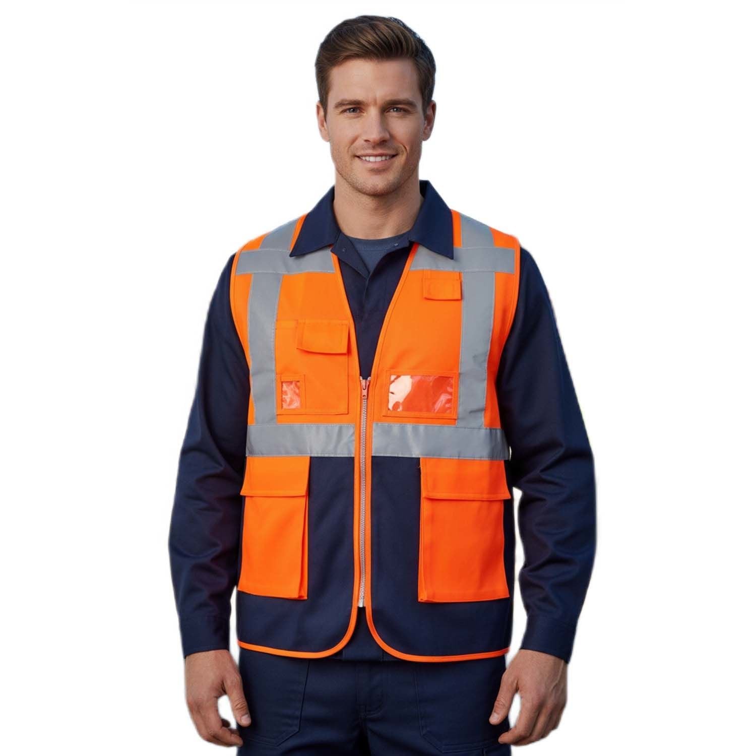 Reflektörlü Mühendis Yeleği Çift Renkli Turuncu Lacivert