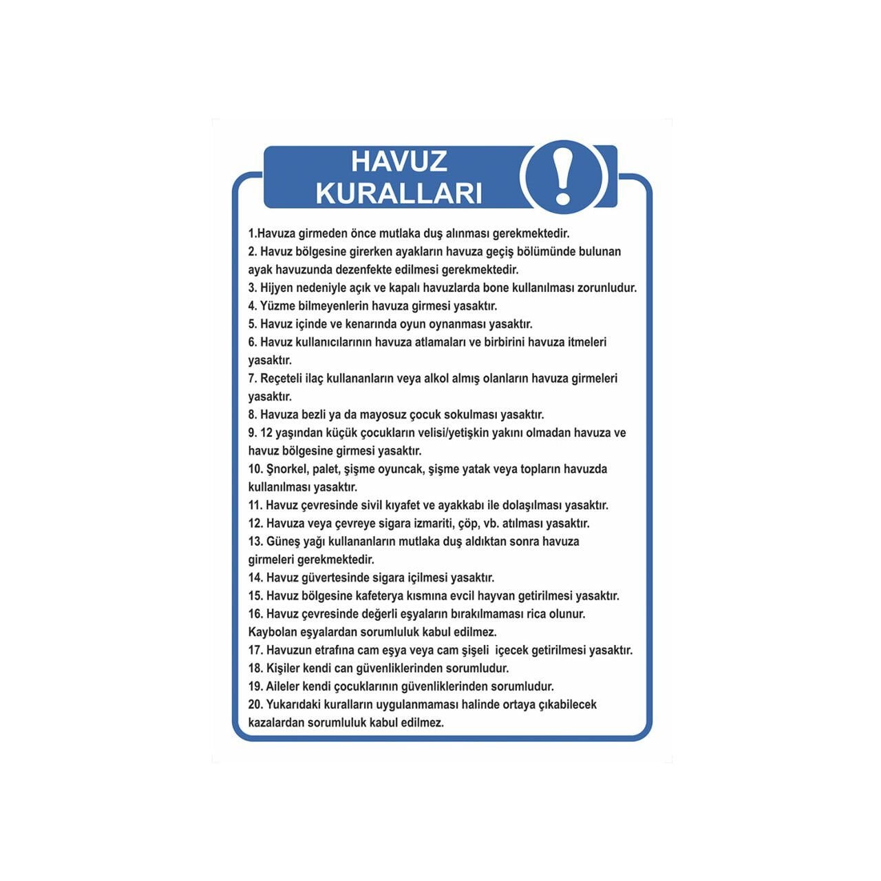 Havuz Kuralları Levhası | Havuz Güvenlik Kuralları Tabelası