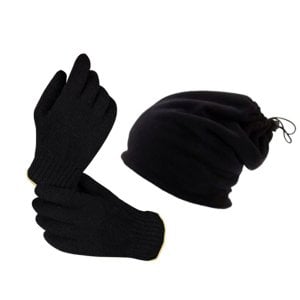 Buriş Polar Boyunluk Bere ve Yün Örgü Eldiven Set Siyah | Bere Eldiven Set